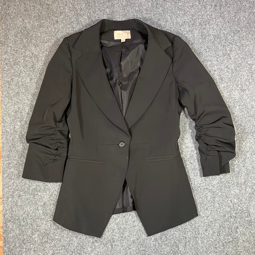 Elizabeth and James Blazer‎ Women 4 Black Ruched Sleeve Single Button Tailored